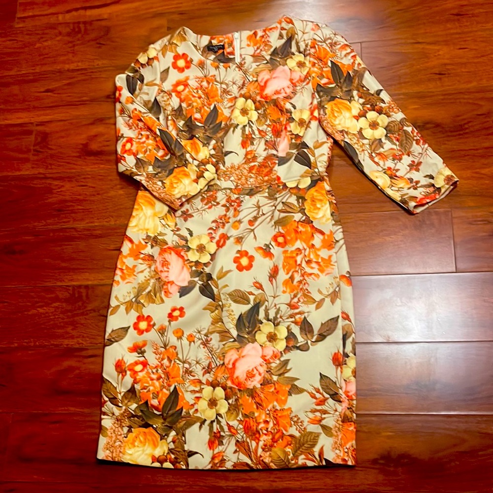 Talbots 3/4 Sleeve Lined Knee Sheath Dress-Multicolor Floral Vermilion (size 8P)